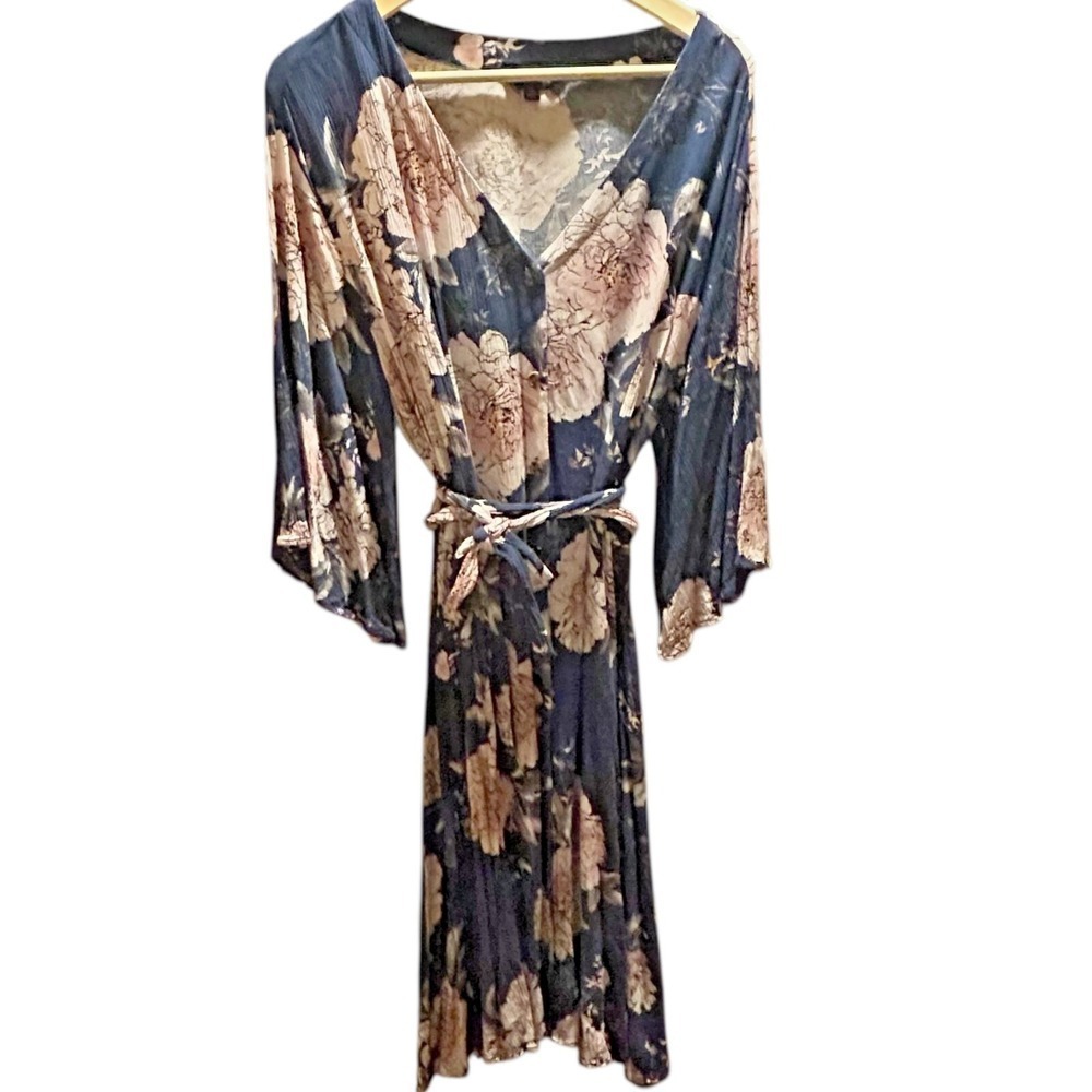 Davi & Dani Plus Size Blue Floral Shirt Dress Front with Tie Size 3XL T32-5